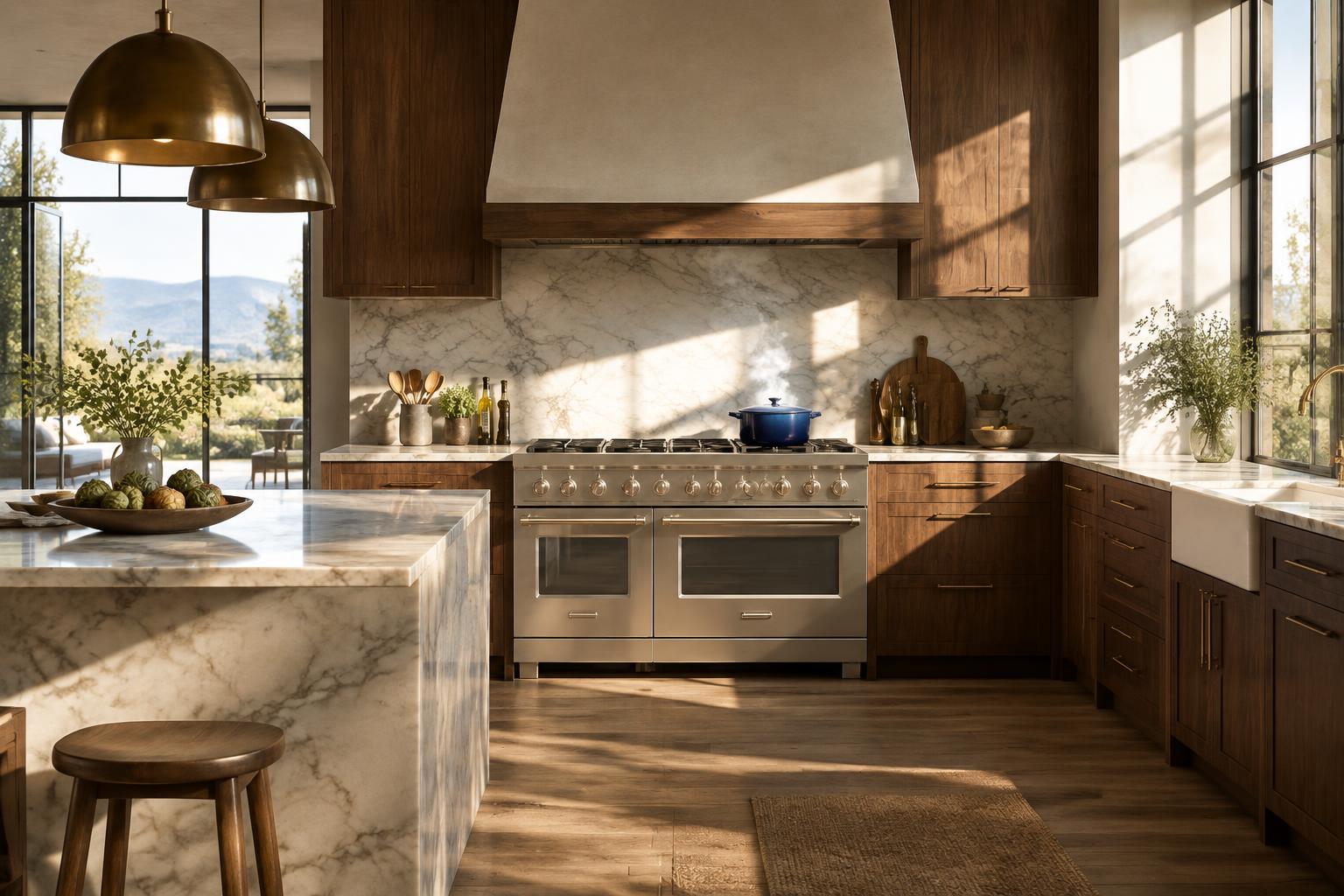 AI-generated luxury kitchen and cooking range concept; not verified Prisco inventory